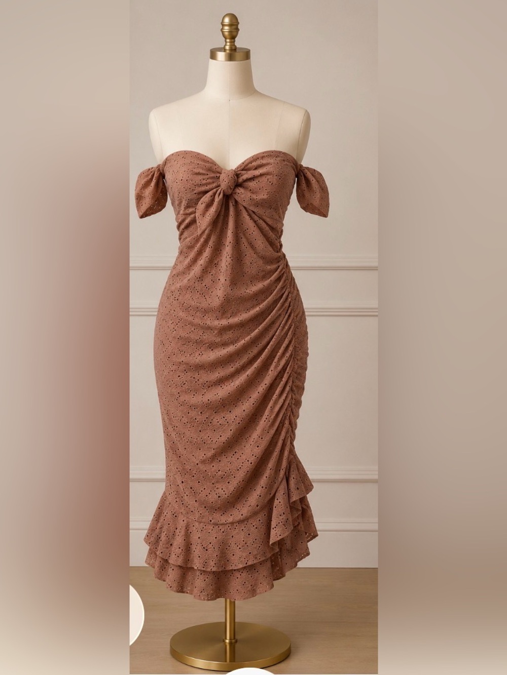 Off-Shoulder Knot Front Eyelet Midi Dress in Tan